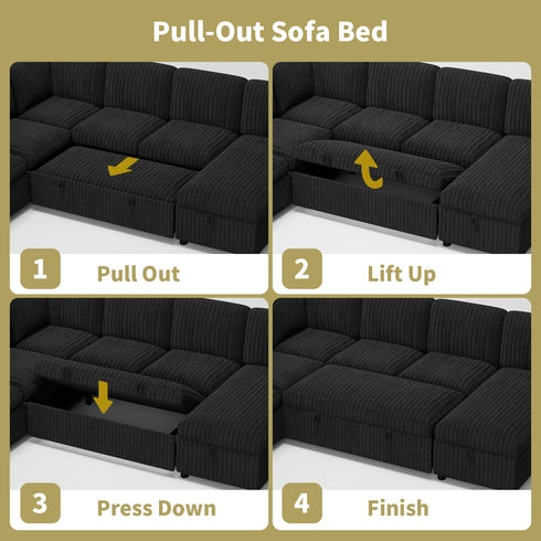 TTGIEET 7-Seater U-Shaped Sectional Sleeper Sofa, Reversible Pull-Out Sofa Bed with Storage & Cup Holders, Corduroy Couch for Living Room