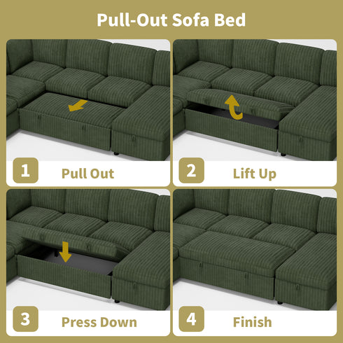 TTGIEET 7-Seater U-Shaped Sectional Sleeper Sofa, Reversible Pull-Out Sofa Bed with Storage & Cup Holders, Corduroy Couch for Living Room