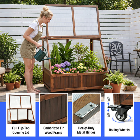 TTGIEET Wooden Cold Frame Greenhouse with Wheel, Chamber Fir Plant Cold Frame with Dual Independently Openable Flip‑Top Lids, Polycarbonate Panels Portable Plant Shelter for Balcony Patio Yard Indoor Outdoor