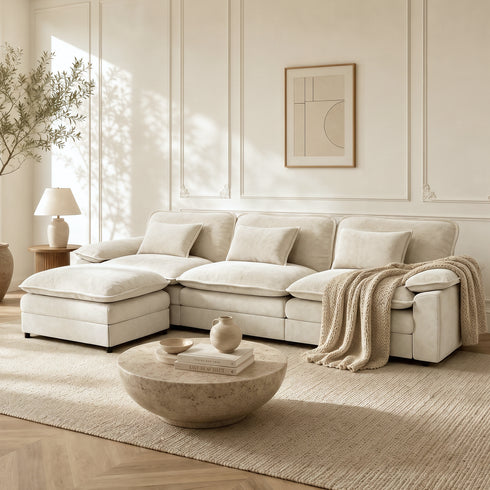 TTGIEET L-Shaped Sectional Sofa, 3-Seat Cloud Couch with Movable Ottoman, Oversized Chenille Sofa for Living Room