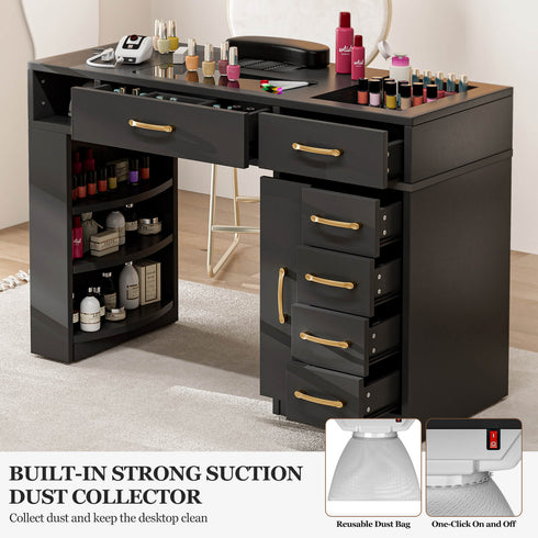 TTGIEET Nail Tech Table with Dust Collector, Glass Top Manicure Table Nail Desk Station w/7 Drawers & 3-Tiers Open Shelves, Nail Beauty Workstation w/Wrist Cushion & Golden Handles