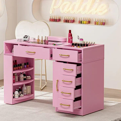 TTGIEET Nail Tech Table with Dust Collector, Glass Top Manicure Table Nail Desk Station w/7 Drawers & 3-Tiers Open Shelves, Nail Beauty Workstation w/Wrist Cushion & Golden Handles