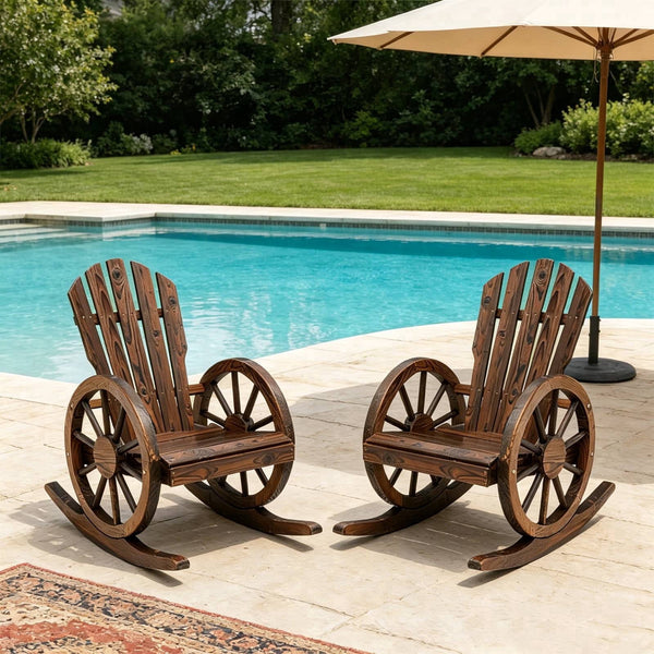TTGIEET Set of 2 Wooden Wagon Wheel Rocking Chair, 2 PCS Outdoor Rocking Chair with Slatted Back and Wheel Armrests for Porch,Garden Lawn, Rustic Brown