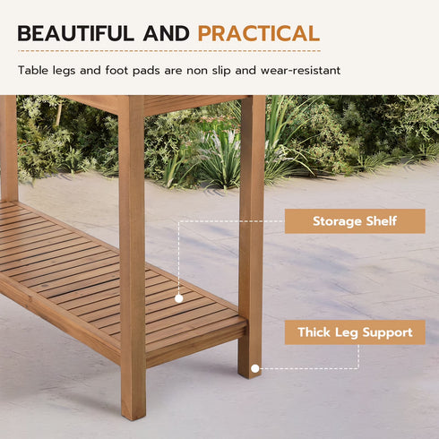 TTGIEET 46in Wooden Patio Console Table with 2-Shelf, Indoor Outdoor Dining Table Buffet Bar Storage for Backyard, Balcony, Poolside,Entryway (Brown)