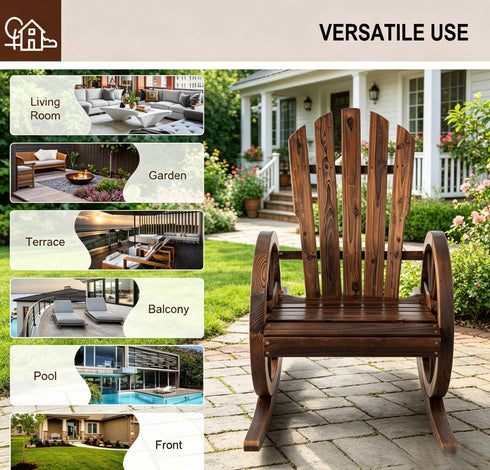 TTGIEET Set of 2 Wooden Wagon Wheel Rocking Chair, 2 PCS Outdoor Rocking Chair with Slatted Back and Wheel Armrests for Porch,Garden Lawn, Rustic Brown