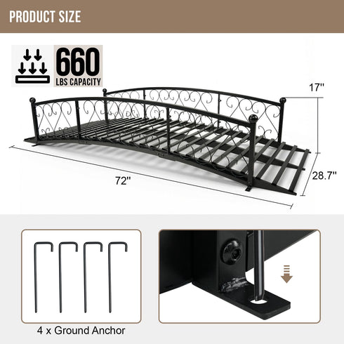 TTGIEET 6 FT Metal Arch Backyard Garden Bridge with 660 lbs, Durable Decorative Footbridge with Siderails, Outdoor Bridges for Creek, Lawn, Stream(Black)