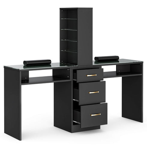 TTGIEET Double Manicure Table for Nail Tech with Drawers, Nail Desk Station w/3 Storage Drawers & 8-Tiers Open Shelves, Nail Spa Beauty Salon Workstation