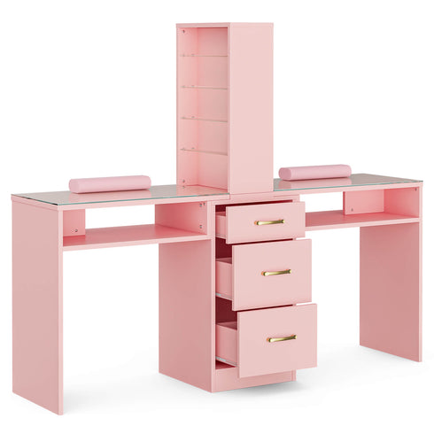 TTGIEET Double Manicure Table for Nail Tech with Drawers, Nail Desk Station w/3 Storage Drawers & 8-Tiers Open Shelves, Nail Spa Beauty Salon Workstation