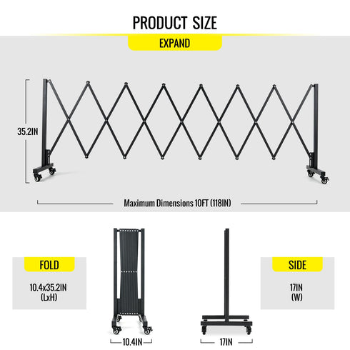 TTGIEET 10FT Expandable Metal Barricade with Lockable Casters, 0-180° Rotatable Foldable Weather Resistant Safety Fence for Patio, Garden, Stairway