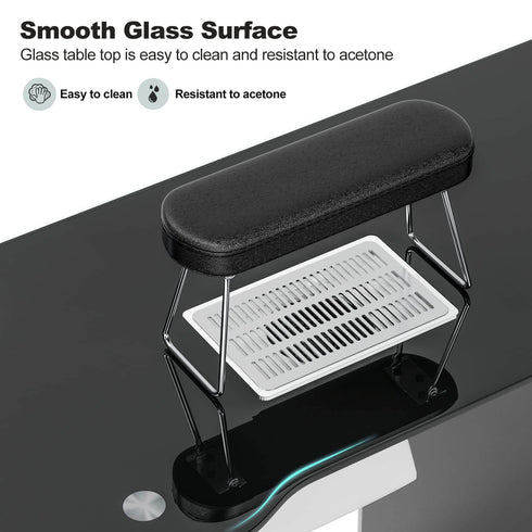Paddie Glass Top Manicure Table, dust collector, multi-drawers