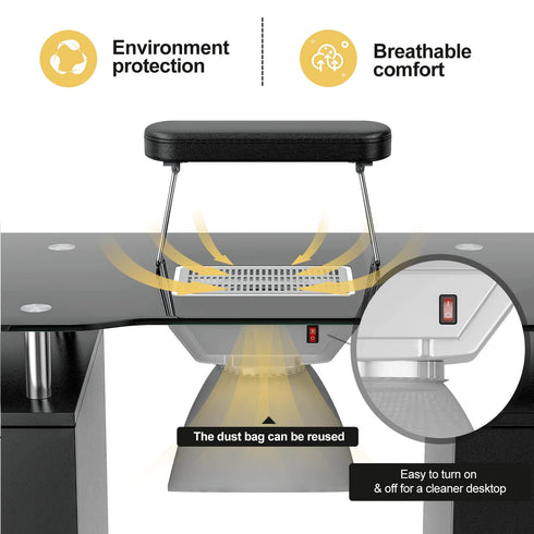 Paddie Glass Top Manicure Table, dust collector, multi-drawers