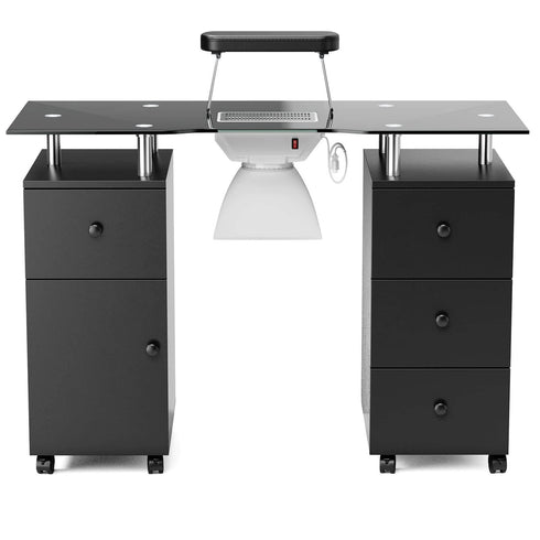 Paddie Glass Top Manicure Table, dust collector, multi-drawers