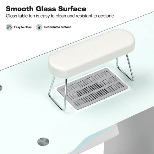 Paddie Glass Top Manicure Table, dust collector, multi-drawers