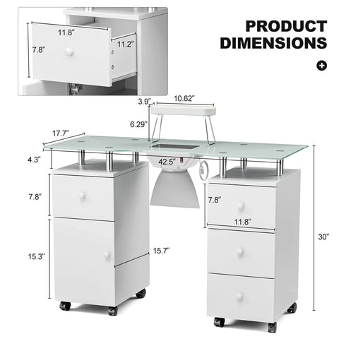 Paddie Glass Top Manicure Table, dust collector, multi-drawers