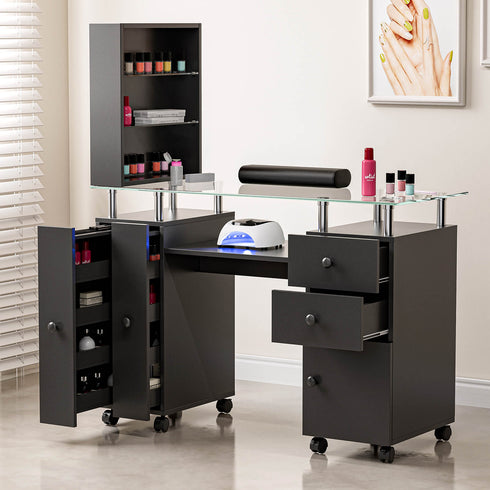 Paddie Glass Top Nail Table, multi-layer shelves, lockable wheels