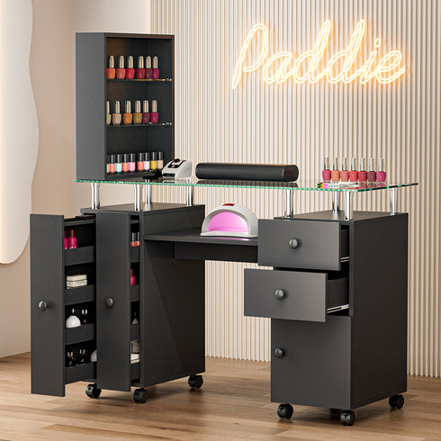 Paddie Glass Top Nail Table, multi-layer shelves, lockable wheels