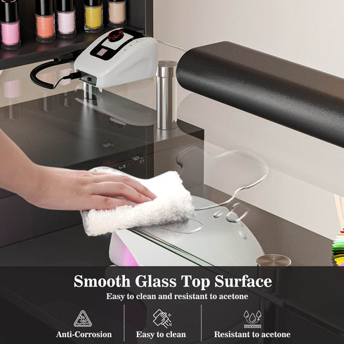 Paddie Glass Top Nail Table, multi-layer shelves, lockable wheels