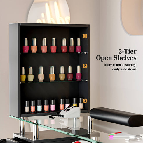 Paddie Glass Top Nail Table, multi-layer shelves, lockable wheels