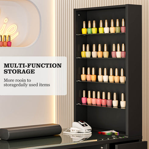 TTGIEET Manicure Table for Nail Tech with Glass Top, Nail Desk Station w/Storage Shelves & Wrist Cushion, Golden Handles, Spa Beauty Salon Workstation