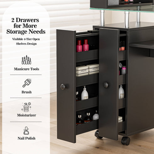 Paddie Glass Top Nail Table, multi-layer shelves, lockable wheels