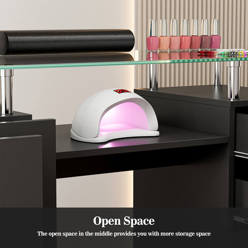 Paddie Glass Top Nail Table, multi-layer shelves, lockable wheels