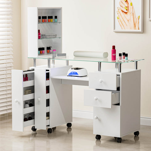Paddie Glass Top Nail Table, multi-layer shelves, lockable wheels
