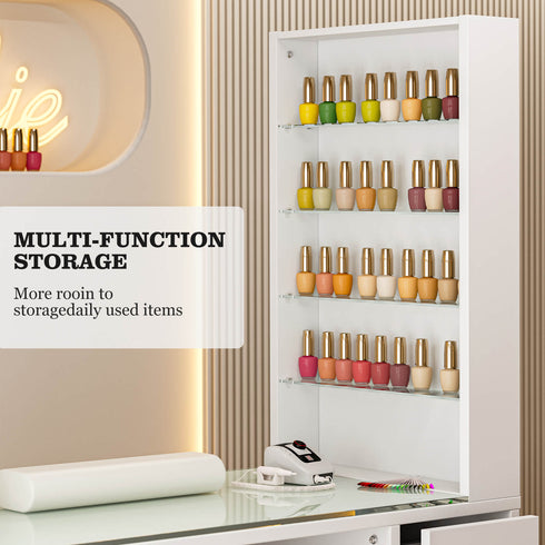 TTGIEET Manicure Table for Nail Tech with Glass Top, Nail Desk Station w/Storage Shelves & Wrist Cushion, Golden Handles, Spa Beauty Salon Workstation