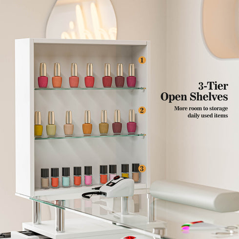 Paddie Glass Top Nail Table, multi-layer shelves, lockable wheels