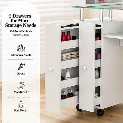 Paddie Glass Top Nail Table, multi-layer shelves, lockable wheels