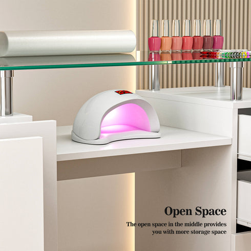 Paddie Glass Top Nail Table, multi-layer shelves, lockable wheels