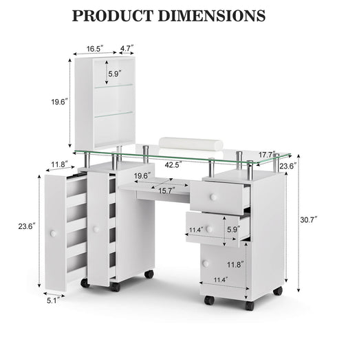 Paddie Glass Top Nail Table, multi-layer shelves, lockable wheels