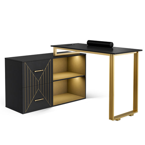 TTGIEET Manicure Table with 16 Colors LED Lights, L-Shaped Nail Table Station, Beauty Salon Nail Supplies Decor w/2 Drawers, 2 Shelves, Wrist Rest, Metal Handles for Nail Tech(Black)