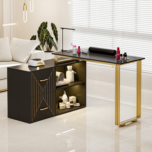 TTGIEET Manicure Table with 16 Colors LED Lights, L-Shaped Nail Table Station, Beauty Salon Nail Supplies Decor w/2 Drawers, 2 Shelves, Wrist Rest, Metal Handles for Nail Tech(Black)