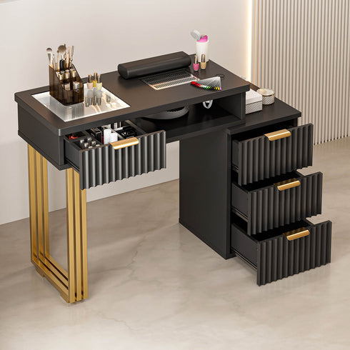 TTGIEET Manicure Table for Nail Tech with Wrist Cushion, Corner Nail Desk with 2 Drawers and 2 Shelves, Beauty Salon Nail Supplies Decor Station with 16 Colors LED Lights