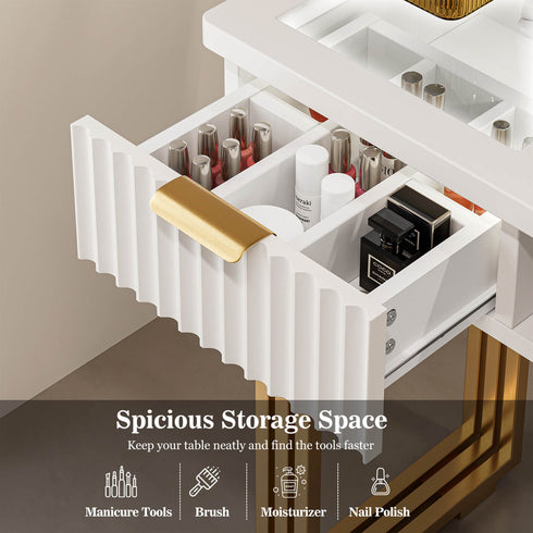 TTGIEET Manicure Table for Nail Tech with Wrist Cushion, Corner Nail Desk with 2 Drawers and 2 Shelves, Beauty Salon Nail Supplies Decor Station with 16 Colors LED Lights