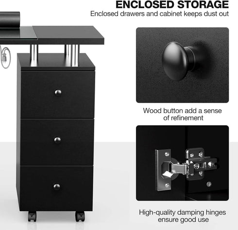 Paddie Nail Desk with Glass Top, dust collector, multi-drawers