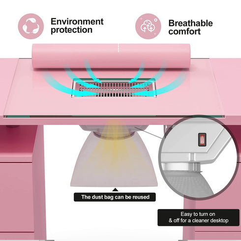 Paddie Nail Desk with Glass Top, dust collector, multi-drawers