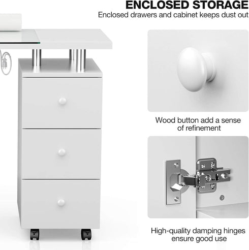 Paddie Nail Desk with Glass Top, dust collector, multi-drawers