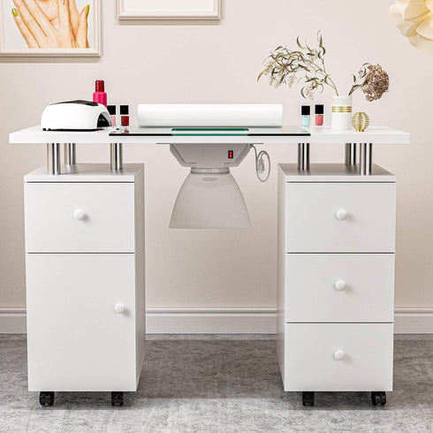 Paddie Nail Desk with Glass Top, dust collector, multi-drawers