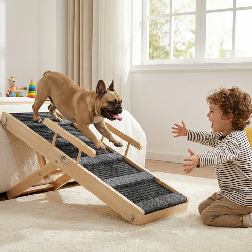 TTGIEET Upgraded Dog Ramp for Couch, Foldable Wooden Pet Ramp with 4 Adjustable Heights from 14'' to 22", Portable Pet Steps with Detachable Guardrails for Small Dogs, Puppies, Injured and Old Dogs