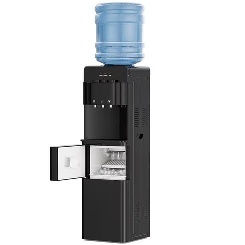 TTGIEET 4-in-1 Top Loading Water Dispenser with Ice Maker, Makes 33 lbs Ice/24H, Hot, Cold & Room Temperature Water Cooler for 3-5 Gallon Bottles with Child Safety Lock, Black
