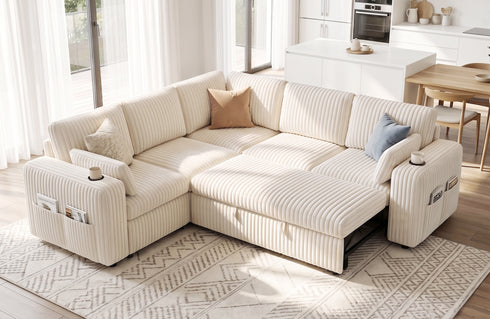 TTGIEET 5-Seater L-Shaped Reversible Sectional Sleeper Sofa, Pull-Out Sofa Bed with Storage & Cup Holders & Adjustable Backrest, Corduroy Couch for Living Room