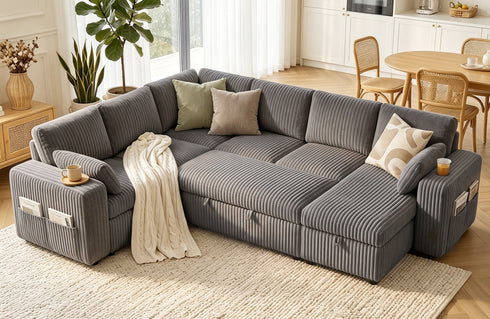 TTGIEET 7-Seater U-Shaped Sectional Sleeper Sofa, Reversible Pull-Out Sofa Bed with Storage & Cup Holders, Corduroy Couch for Living Room