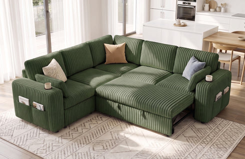 TTGIEET 5-Seater L-Shaped Reversible Sectional Sleeper Sofa, Pull-Out Sofa Bed with Storage & Cup Holders & Adjustable Backrest, Corduroy Couch for Living Room
