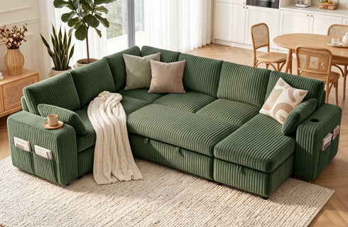 TTGIEET 7-Seater U-Shaped Sectional Sleeper Sofa, Reversible Pull-Out Sofa Bed with Storage & Cup Holders, Corduroy Couch for Living Room
