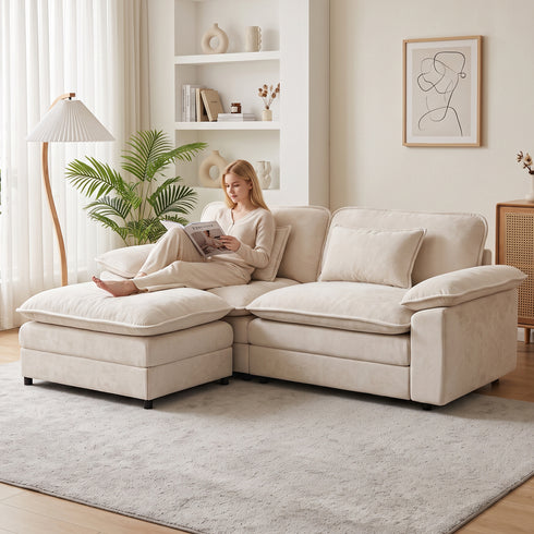 TTGIEET Chenille Cloud Couch L-Shaped, 2-Seat Sofa with Movable Ottoman, Oversized Loveseat Couch for Living Room