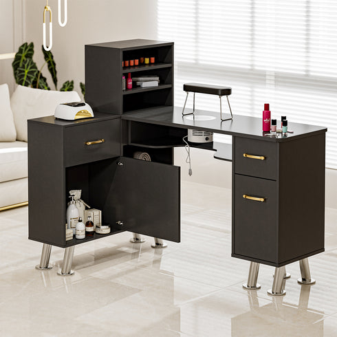 TTGIEET L-Shaped Manicure Table Nail Station with Shelves, Nail Tech Table Nail Table Station w/Dust Collector, Storage Cabinets, Drawers, Metal Handles & Legs