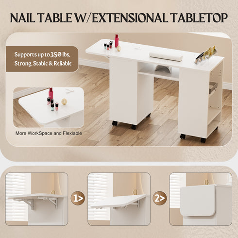TTGIEET Manicure Station with Storage Drawers and Cabinet, Nail Tech Table with Foldable Tabletop, Nail Station with Lockable Wheels, Wrist Cushion, Nail Organizer & Foldable Trash Rack