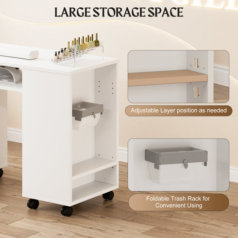 TTGIEET Manicure Station with Storage Drawers and Cabinet, Nail Tech Table with Foldable Tabletop, Nail Station with Lockable Wheels, Wrist Cushion, Nail Organizer & Foldable Trash Rack