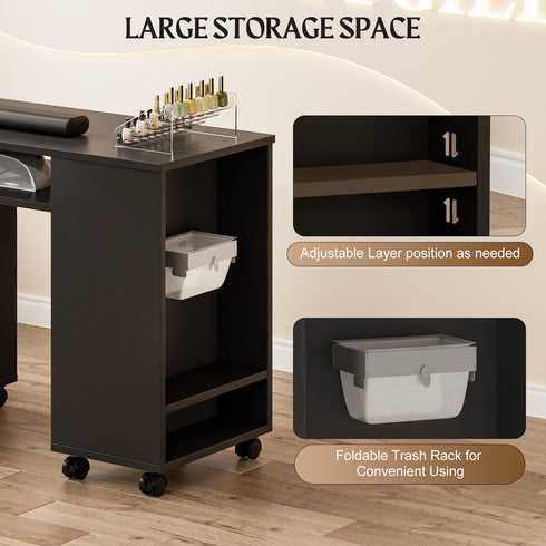TTGIEET Manicure Station with Storage Drawers and Cabinet, Nail Tech Table with Foldable Tabletop, Nail Station with Lockable Wheels, Wrist Cushion, Nail Organizer & Foldable Trash Rack